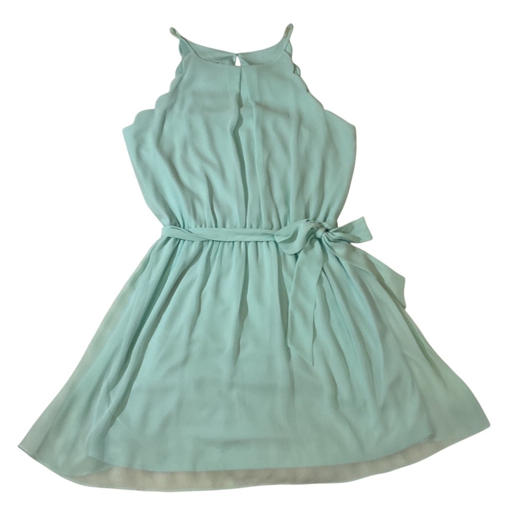 IZ Byer Sea Green Scalloped High Neck Chiffon Dress XL Sleeveless Belted 112359B